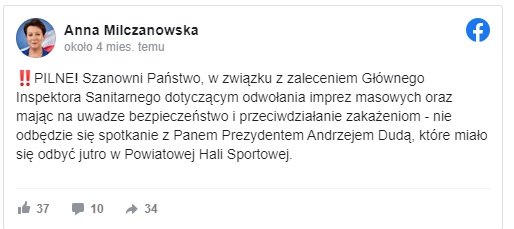 Odwołane spotkanie z Prezydentem Andrzejem Dudą | fot: fb Anna Milczanowska