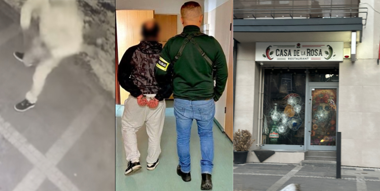Na zdjęciu chuligan i witryna zniszczonej restauracji