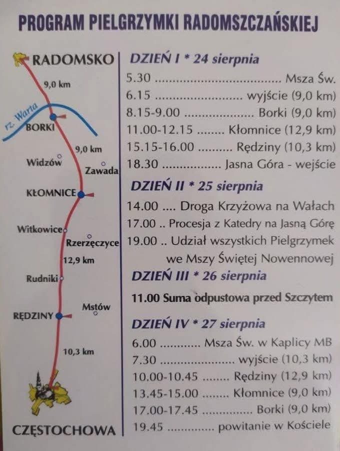 Trasa radomszczańskiej pielgrzymki 2025