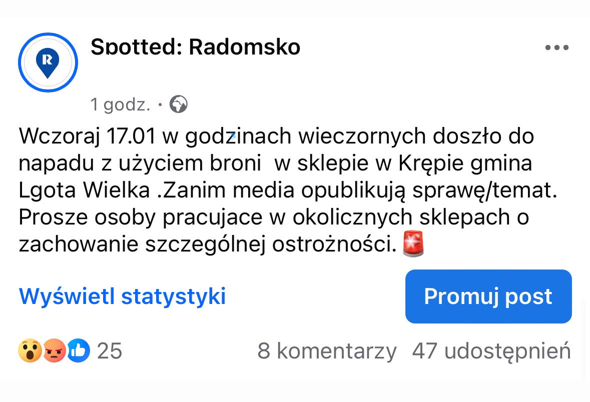 Wiadomość dostaliśmy na Spotted Radomsko