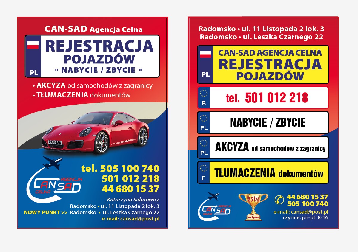 Reklama lokalna - Agencja Celna - rejestracja pojazdów - akcyza - tłumaczenie dokumentów CAN-SAD