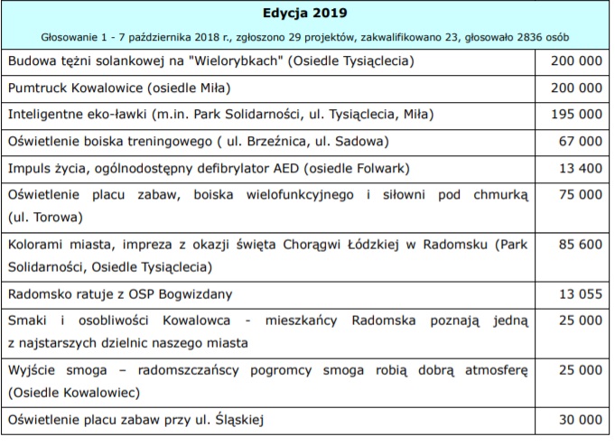 Radomsko Budżet Obywatelski 2019 - pomysły, które w ubiegłorocznej edycji zwycięzyły i będą realizowane w roku bieżącym //spotradomsko.pl