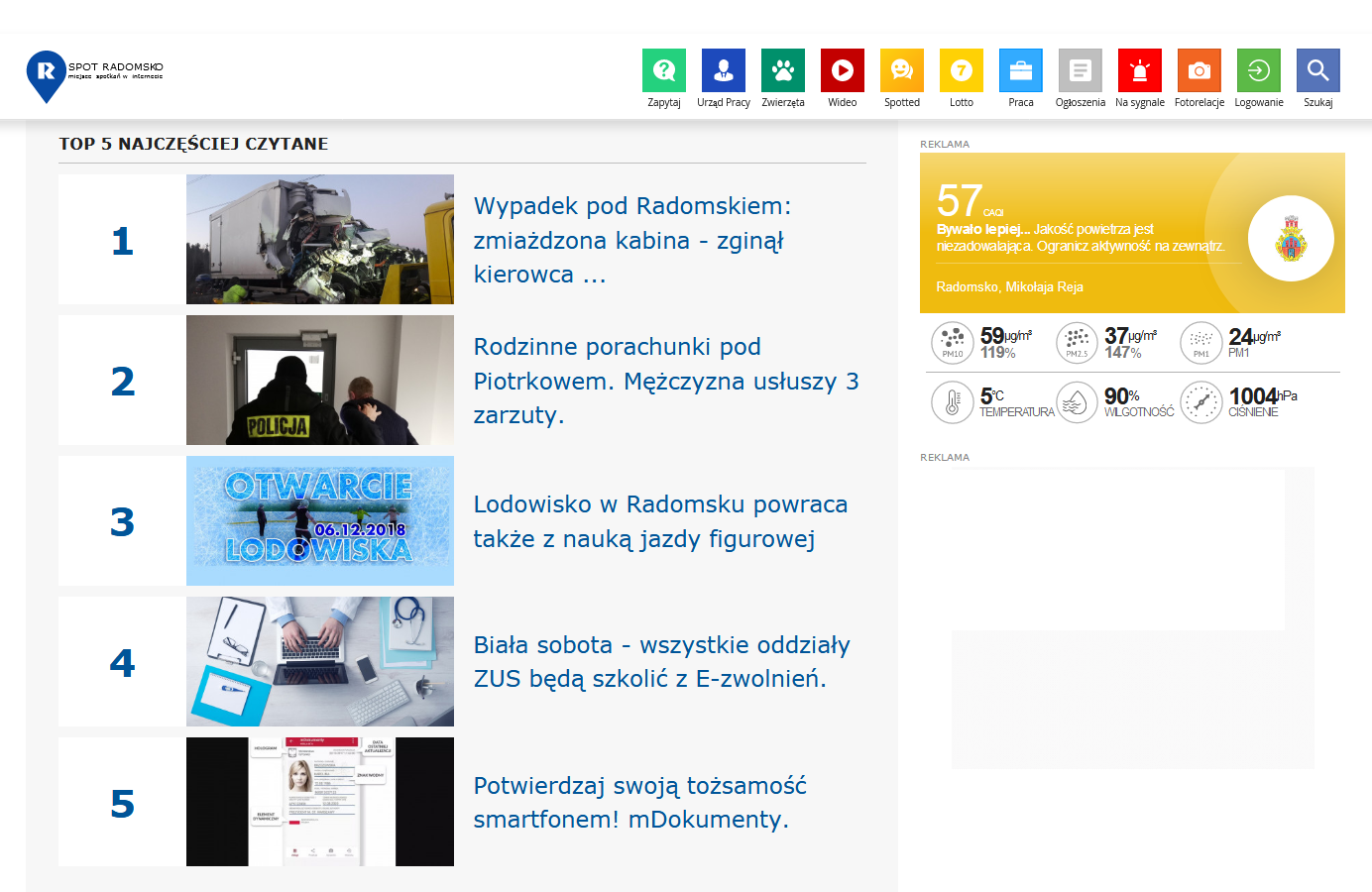 Na podstronach portalu spotradomsko.pl są już dostępne widgety prezentujące aktualny stan powietrza w Radomsku.